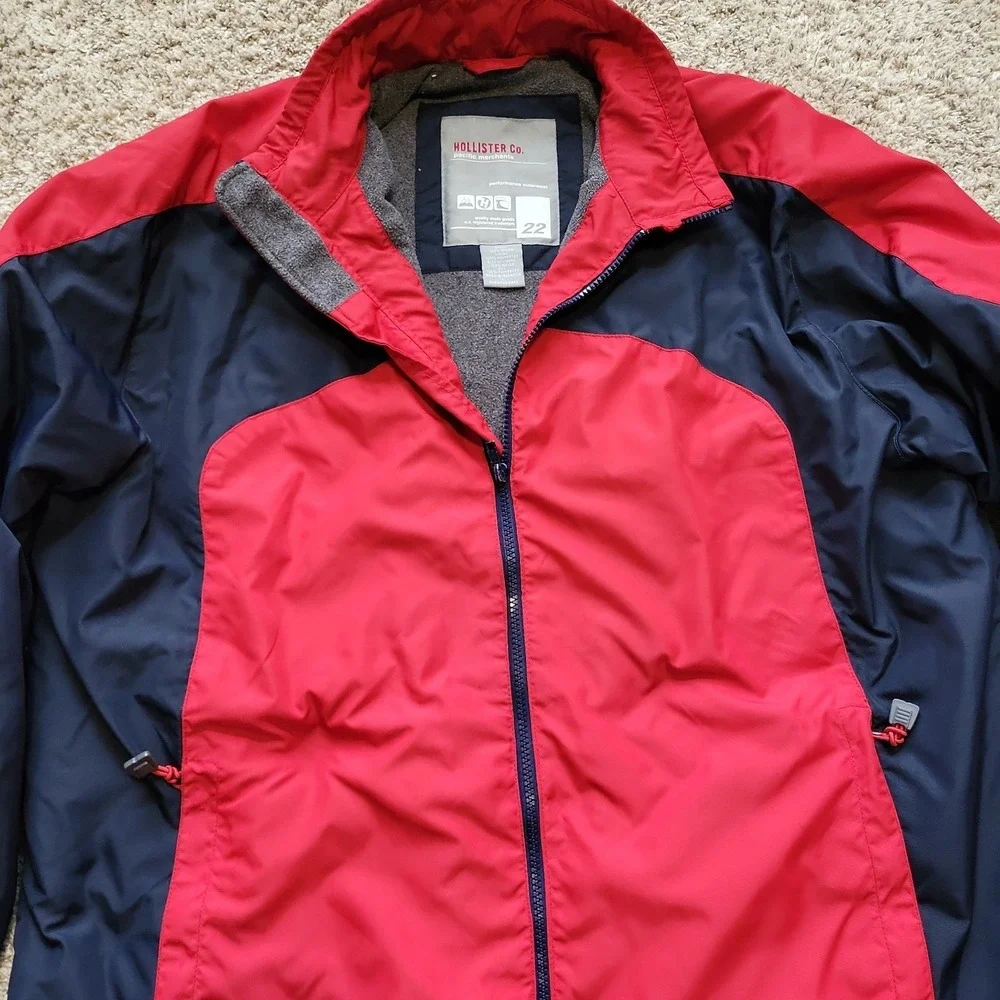 VINTAGE Hollister Ski Style Jacket Mens L Red Navy Fleece‎ Lined Full Zip Y2K